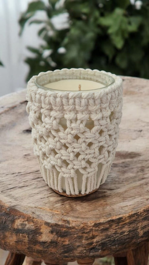 Bougie bohème en verre & macramé
