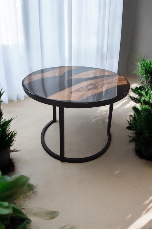 Table basse ronde en bois d’olivier et résine époxy