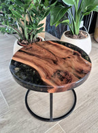 Table d'appoint en orme massif & résine époxy florale